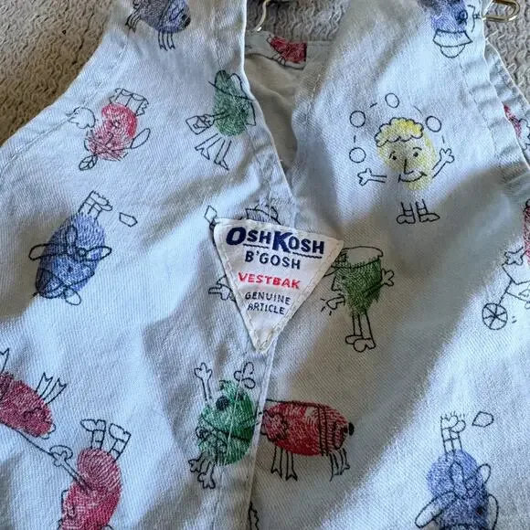 Vintage OshKosh B'Gosh Blue Thumbprint Character Vestbak Short Overalls Size 2 - Picture 5 of 10